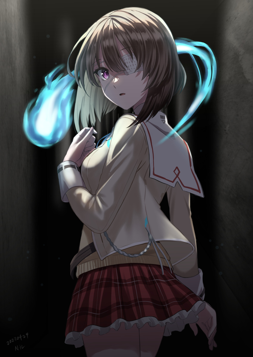 1girl, absurdres, brown_hair, cardigan, eyepatch, frilled_skirt, frills, from_behind, hand_on_own_chest, heaven_burns_red, highres, hiiragi_kozue, hitodama, long_sleeves, looking_back, medical_eyepatch, nil_(pixiv_53614557), open_mouth, plaid, plaid_skirt, pleated_skirt, short_hair, skirt, solo, violet_eyes