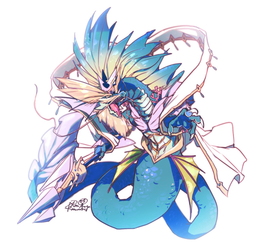 1boy, claws, commentary_request, dragalia_lost, dragon_boy, dragon_horns, fins, fish_tail
