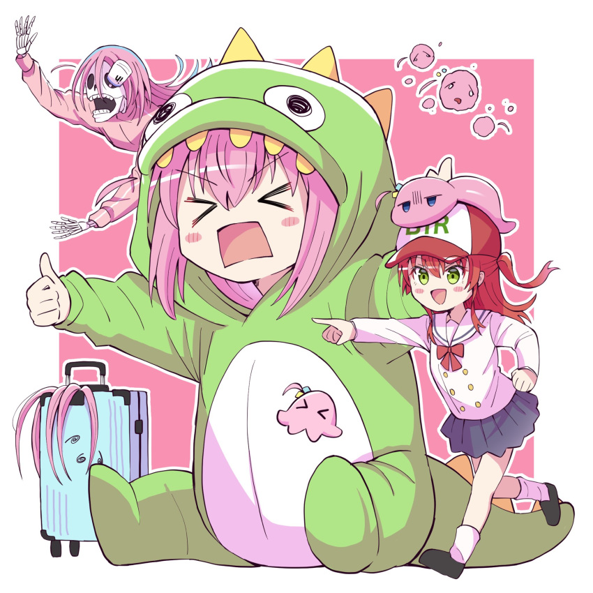 >_<, 2girls, :d, black_skirt, blue_eyes, blush_stickers, bocchi_the_rock!, border, bow, cosplay, cube_hair_ornament, dinosaur_costume, full_body, gotoh_hitori, gotoh_hitori_(ash), gotoh_hitori_(octopus), gotoh_hitori_(tsuchinoko), green_eyes, hair_between_eyes, hair_ornament, hat, hellfire00001, highres, jitome, kigurumi, kita_ikuyo, long_hair, looking_afar, miniskirt, multiple_girls, multiple_persona, one_side_up, open_mouth, outstretched_arm, parody, peaked_cap, pink_background, pink_hair, pleated_skirt, pointing, pointing_forward, pokemon, red_bow, redhead, rolling_suitcase, sailor_collar, school_uniform, serafuku, sidelocks, simple_background, sitting, skeleton, skirt, smile, suitcase, thumbs_up, v-shaped_eyebrows, white_border, white_sailor_collar, wide_shot
