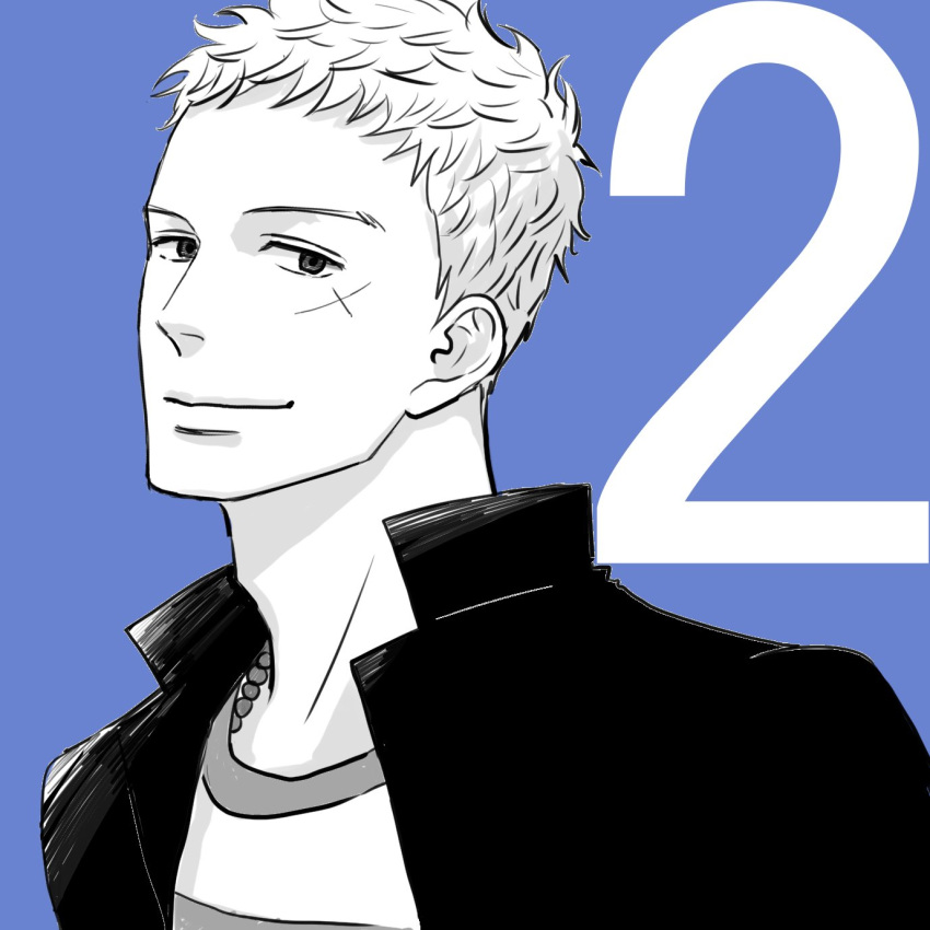1boy, blue_background, cross_scar, gakuran, grey_background, greyscale_with_colored_background, highres, jacket
