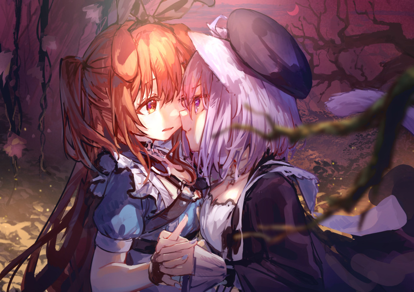 2girls, absurdres, ahoge, animal_ears, apron, beret, black_choker, black_headband