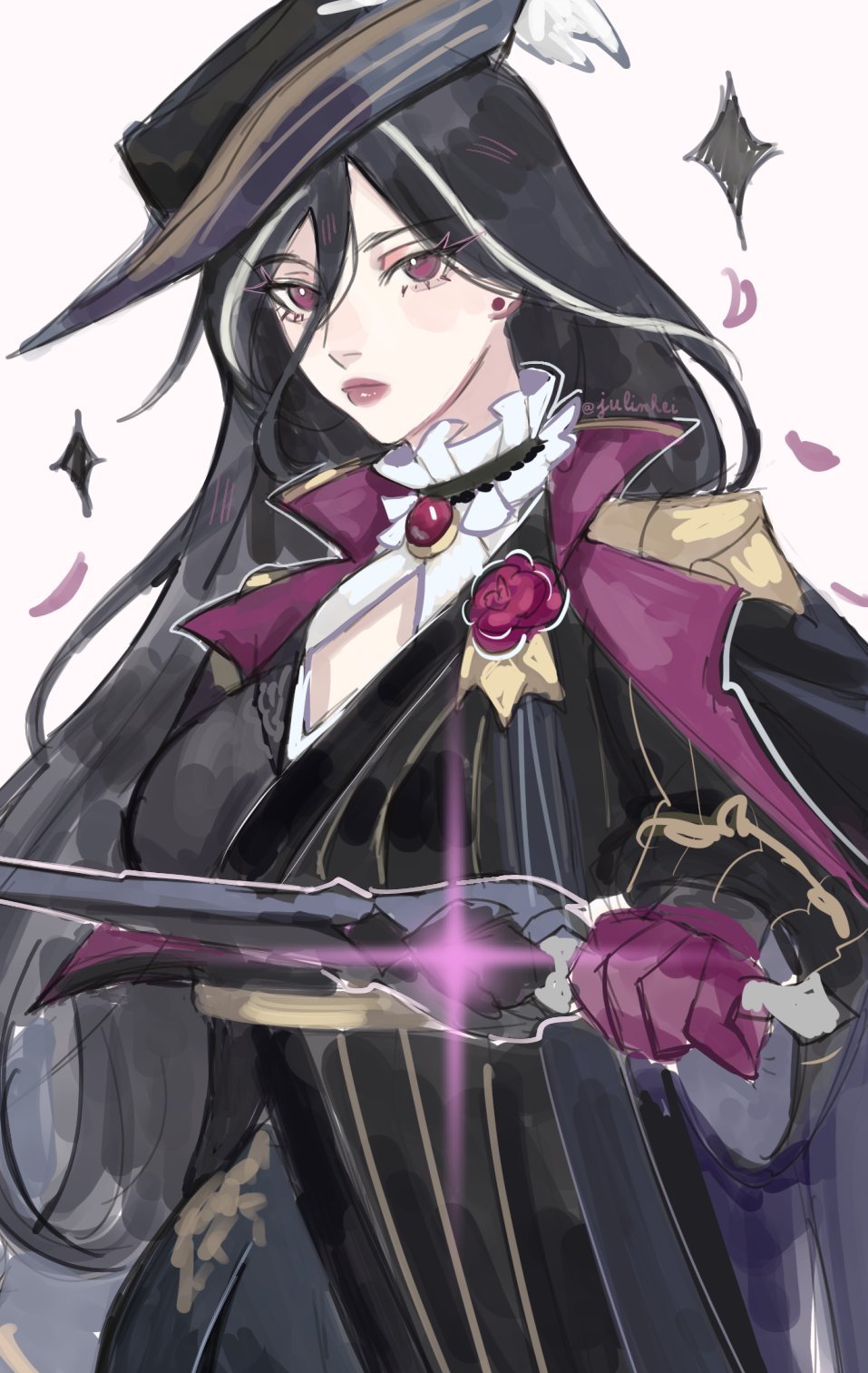 1girl, black_cape, black_hair, black_headwear, black_jacket, brooch, cape, clorinde_(genshin_impact)