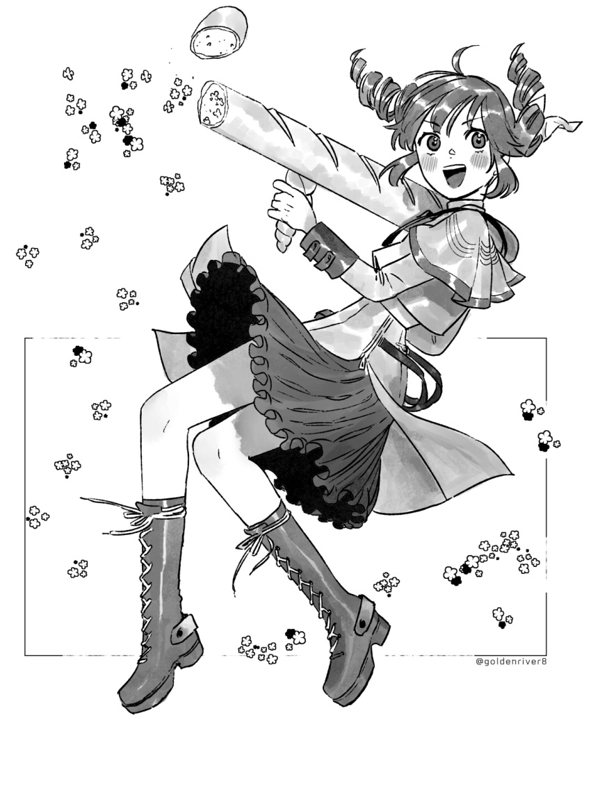 1girl, ahoge, artist_name, baguette, boots, bread, commentary, cross-laced_footwear, drill_hair, floating_hair, flower, flower_(symbol), food, food-themed_weapon, frilled_skirt, frills, from_side, full_body, goldenriver8, greyscale, highres, holding, holding_rocket_launcher, holding_weapon, jacket, kasane_teto, kasane_teto_(sv), knee_boots, layered_skirt, long_sleeves, looking_at_viewer, looking_to_the_side, medium_hair, monochrome, open_mouth, rocket_launcher, shoulder_strap, sidelocks, skirt, sleeve_cuffs, smile, solo, synthesizer_v, twin_drills, uniform, utau, v-shaped_eyebrows, weapon