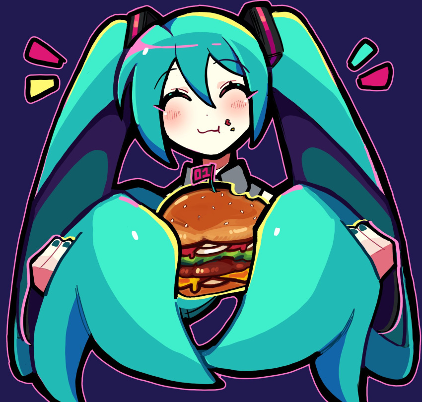 1girl, :3, aqua_hair, blue_nails, burger, cheese, chewing, closed_eyes