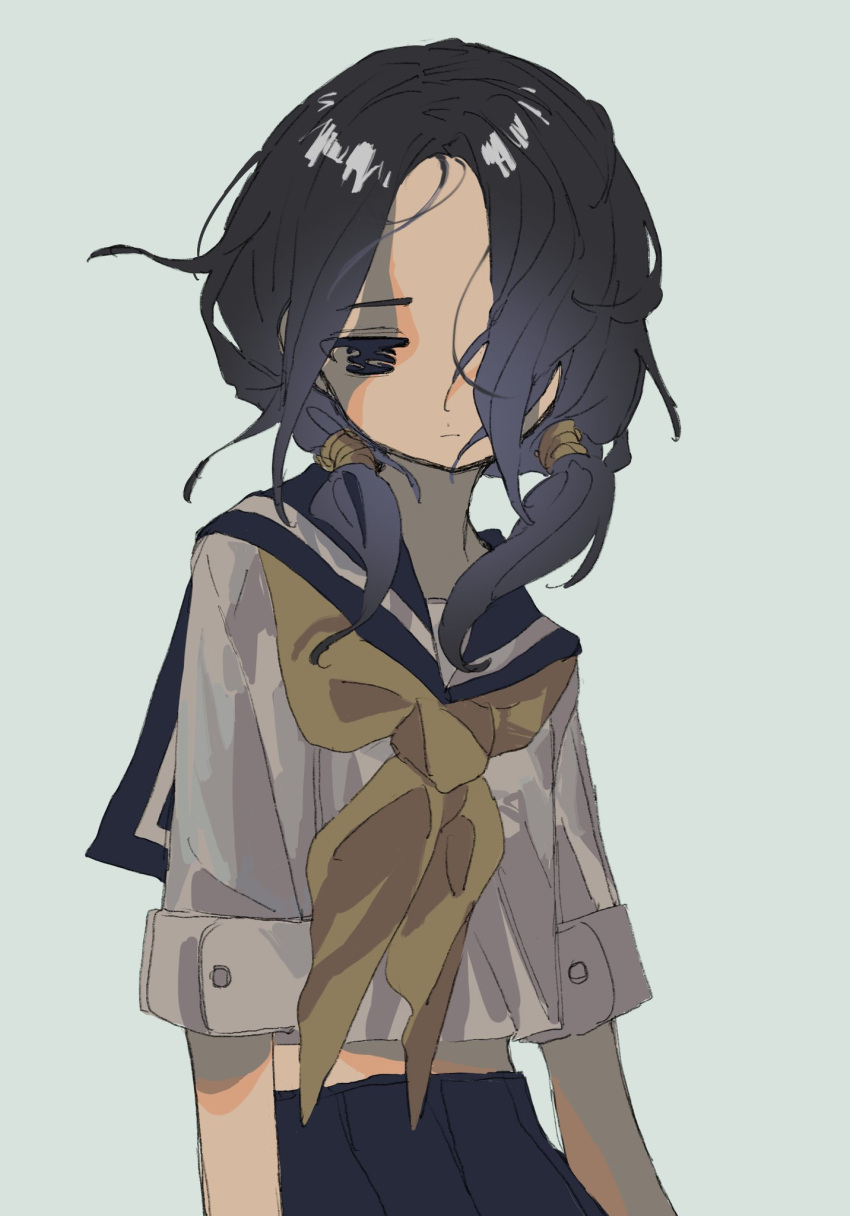 1girl, arms_at_sides, black_eyes, black_sailor_collar, black_skirt, blue_background, closed_mouth, commentary