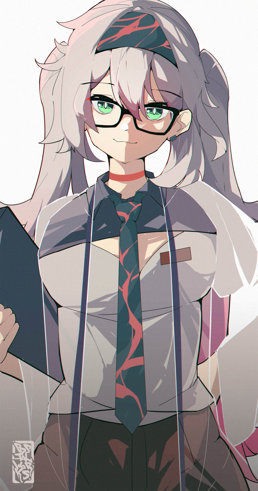 1girl, absurdres, brown_shorts, closed_mouth, cowboy_shot, girls'_frontline_neural_cloud, girls_frontline, green_eyes, grey_hair, hair_between_eyes, headband, highres, holding, lam_(neural_cloud), long_hair, looking_at_viewer, necktie, postalworks, shorts, smile, solo, spreadsheet, twintails