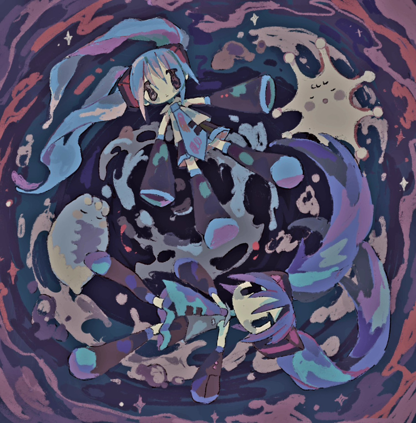 2girls, abstract_background, ai_wo_sagashite_(vocaloid), black_eyes, black_footwear, black_skirt, black_sleeves, blue_hair, blue_necktie, blush_stickers, boots, clone, closed_mouth, commentary_request, creature, edge_0605, expressionless, floating_hair, full_body, grey_shirt, hair_ornament, hatsune_miku, highres, long_hair, multiple_girls, necktie, no_mouth, pleated_skirt, shirt, skirt, sleeveless, sleeveless_shirt, sleeves_past_fingers, sleeves_past_wrists, solid_oval_eyes, sparkle, thigh_boots, tie_clip, vocaloid, wavy_eyes, wide_sleeves