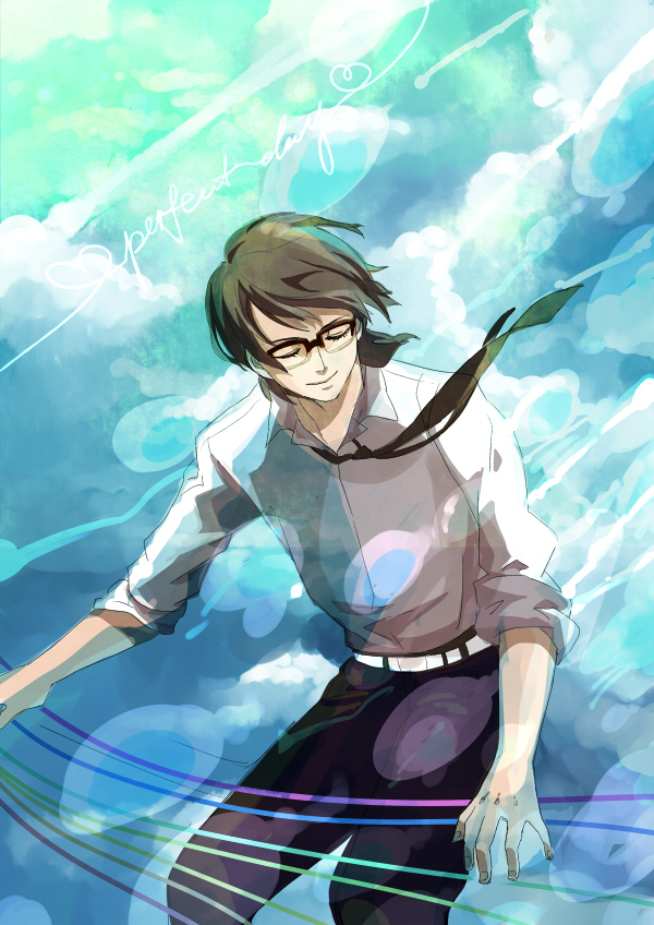 1boy, above_clouds, aged_up, black_hair, black_necktie, closed_eyes, clouds, cowboy_shot