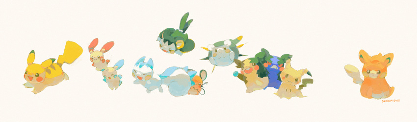 artist_name, dedenne, emolga, highres, holding, mimikyu, minun, morpeko
