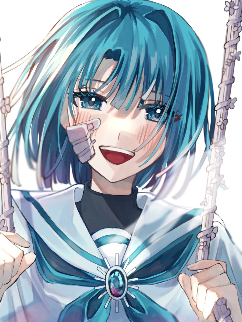 1girl, ado_(utaite), akuru-chan, bandaid, bandaid_on_face, blue_brooch, blue_eyes, blue_hair, blue_neckerchief, blush, cloud_nine_inc, commentary, eien_no_akuru_hi, floating_hair, highres, looking_at_viewer, neckerchief, open_mouth, sailor_collar, school_uniform, serafuku, simple_background, smile, solo, spica_(spica5f9ea0), teeth, upper_body, upper_teeth_only, utaite, white_background, white_sailor_collar