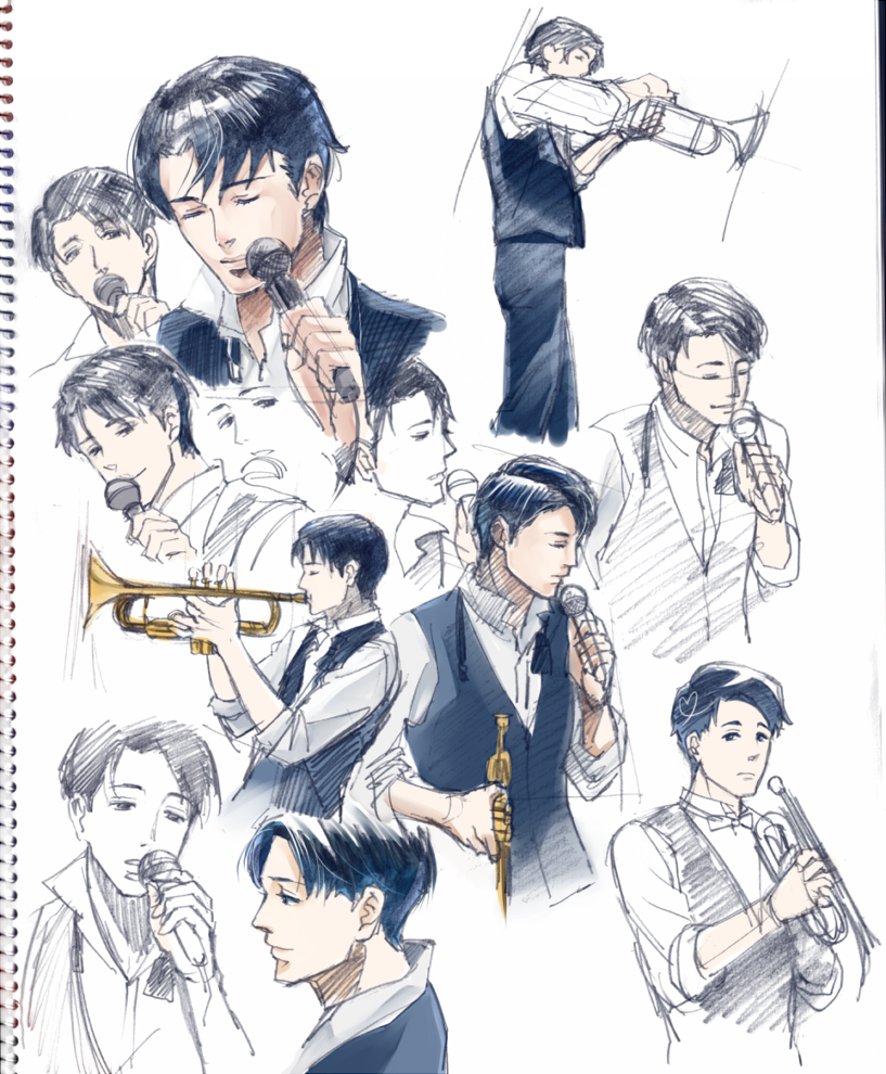 1boy, ashibe, black_hair, black_vest, bow, bowtie, cropped_legs, cropped_torso, holding, holding_microphone, instrument, katsuragi_jun'ichi, male_focus, microphone, multiple_views, music, partially_colored, playing_instrument, sakamichi_no_apollon, saxophone, short_hair, simple_background, singing, vest, white_background