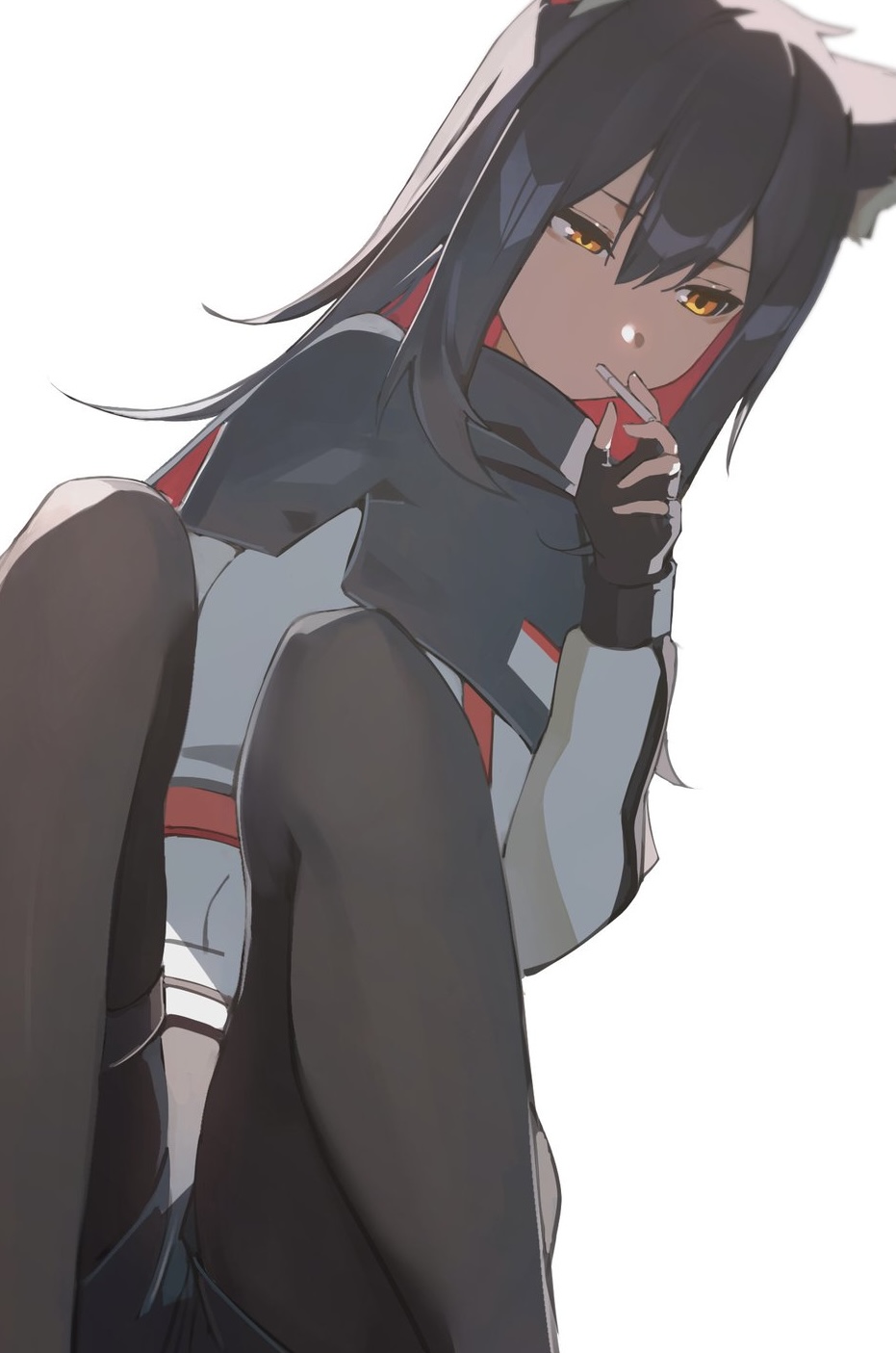 1girl, animal_ear_fluff, animal_ears, arknights, backlighting, black_capelet, black_gloves, black_hair
