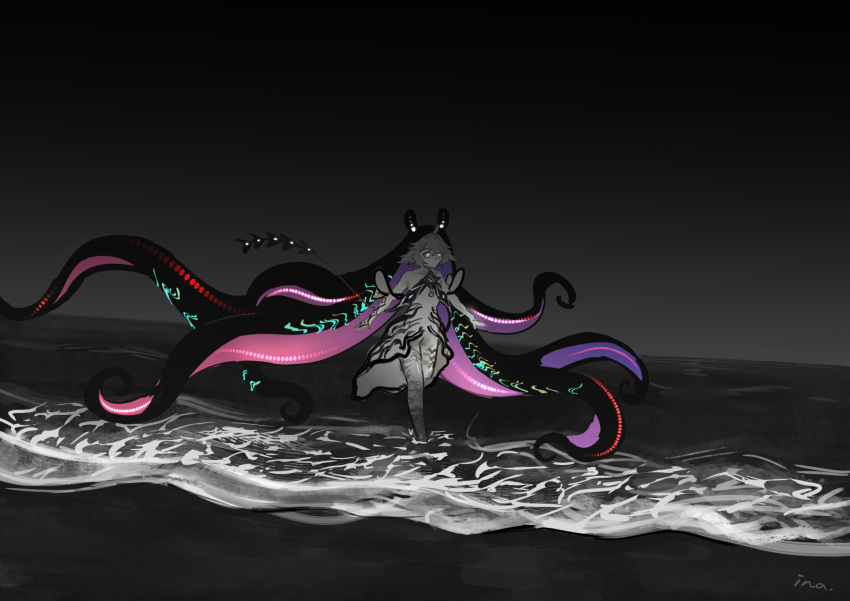1girl, bioluminescence, bodysuit, dress, elbow_gloves, frilled_dress, frilled_sleeves, frills