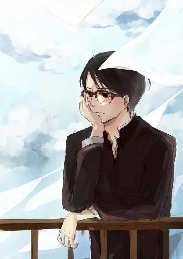 1boy, against_railing, bed_sheet, black_eyes, black_hair, blush, closed_mouth, gakuran