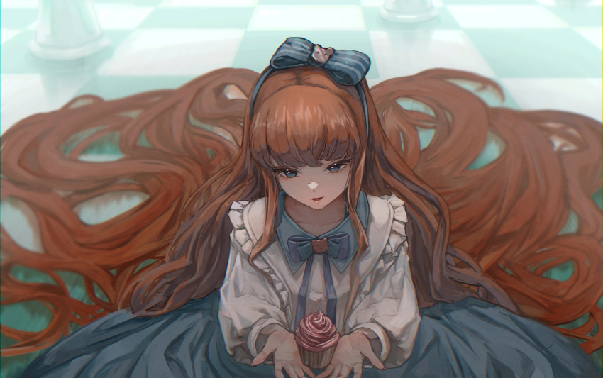 1girl, baby_blue, blue_eyes, bow, bowtie, cake, checkered_floor, chess_piece