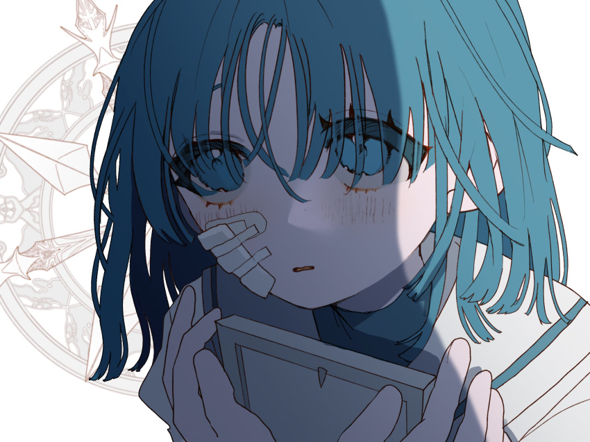 1girl, ado_(utaite), akuru-chan, bandaid, bandaid_on_face, blue_eyes, blue_hair, blush