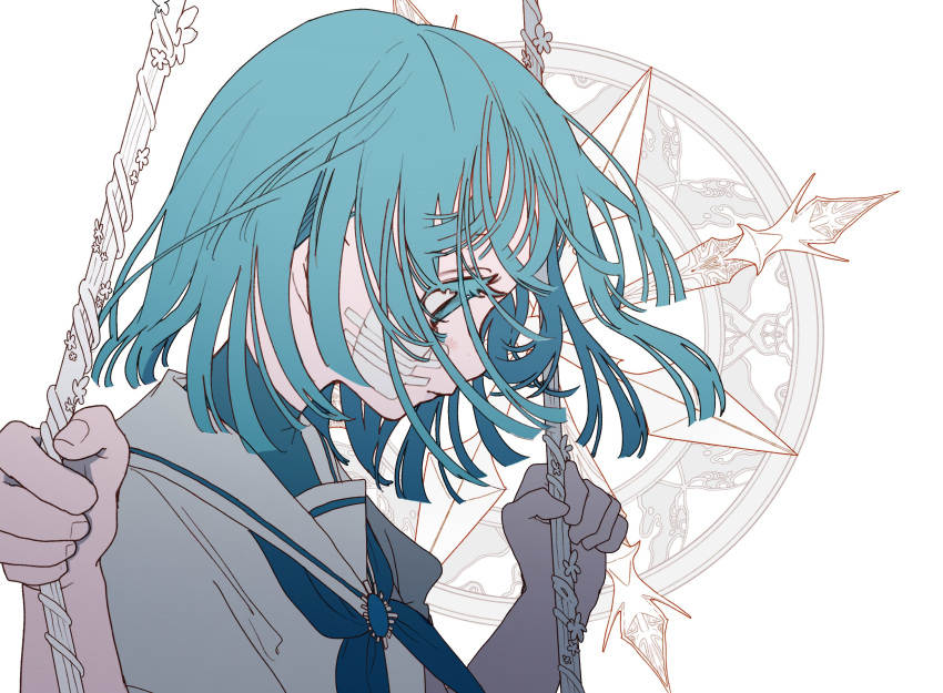 1girl, absurdres, ado_(utaite), akuru-chan, bandaid, bandaid_on_face, blue_brooch, blue_eyes