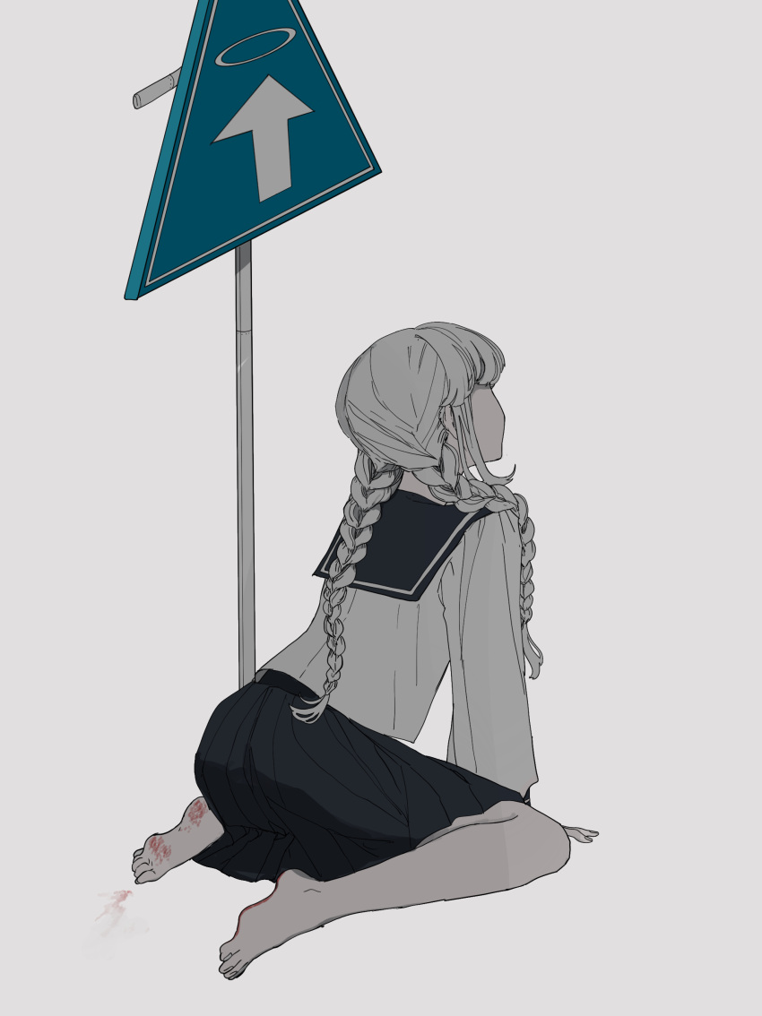 1girl, absurdres, barefoot, blood_on_feet, blue_sailor_collar, blue_skirt, braid, commentary_request