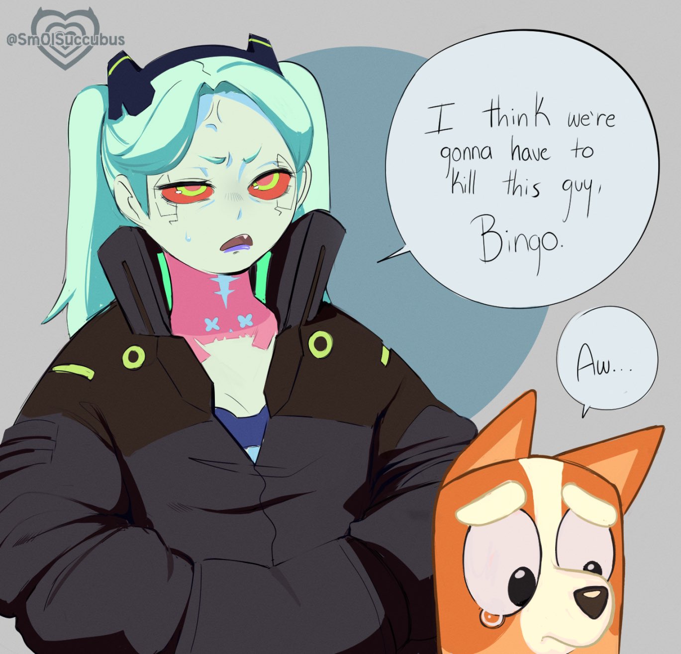 2girls, aqua_hair, artificial_eye, bingo_heeler_(bluey), black_jacket, bluey, colored_sclera, colored_skin, cyberpunk_(series), cyberpunk_edgerunners, cyborg, dog, english_text, hands_in_pockets, highres, i_think_we're_gonna_have_to_kill_this_guy_steven_(meme), jacket, mechanical_eye, meme, multiple_girls, neck_tattoo, pink_tattoo, purple_lips, rebecca_(cyberpunk), red_pupils, red_sclera, samurai_jacket_(cyberpunk), smol_succubus, speech_bubble, tattoo, tearing_up, twintails, twitter_username, white_skin