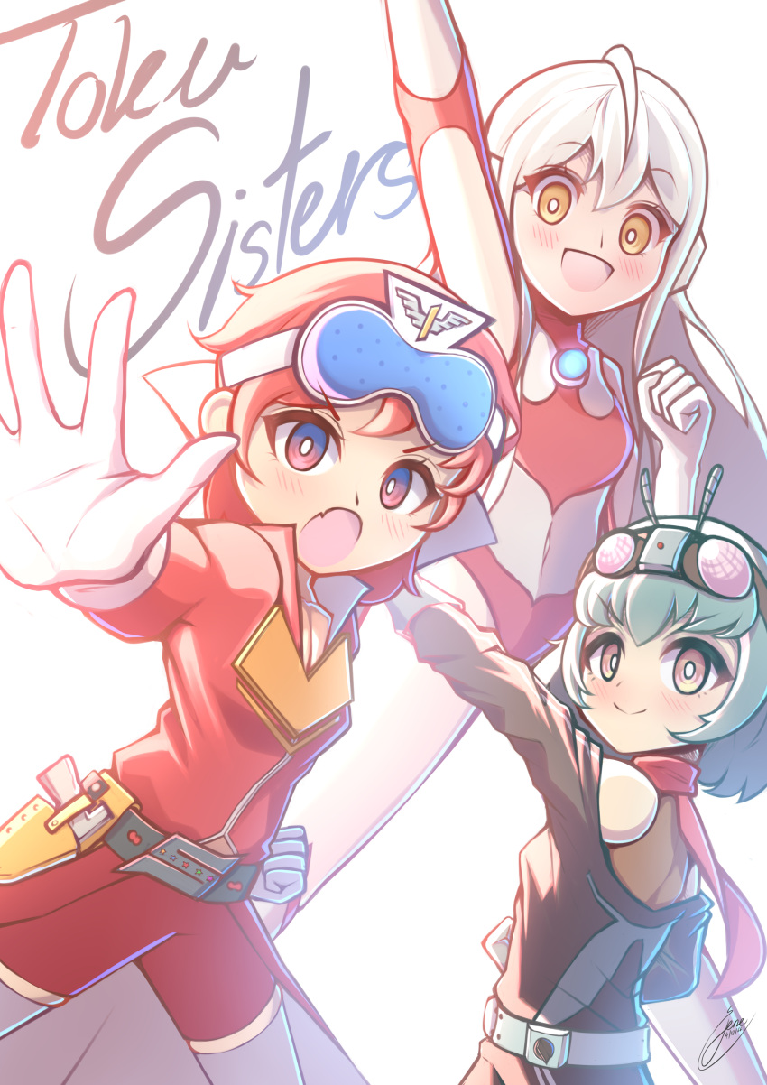 3girls, absurdres, aka_ranger, color_timer, genderswap, genderswap_(mtf), goggles, goggles_on_head