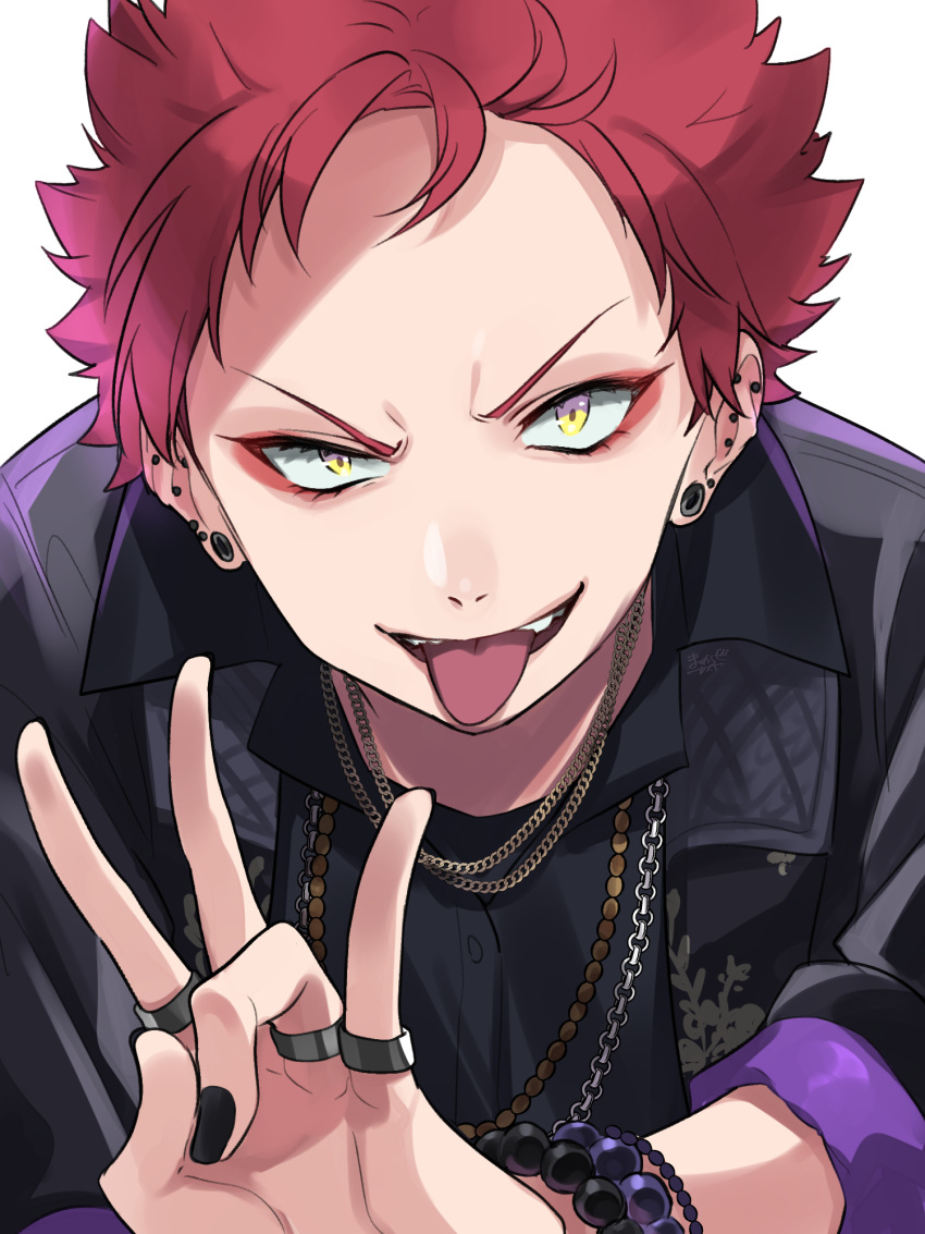 1boy, bead_bracelet, beads, bracelet, chain_necklace, constricted_pupils, ear_piercing, earrings