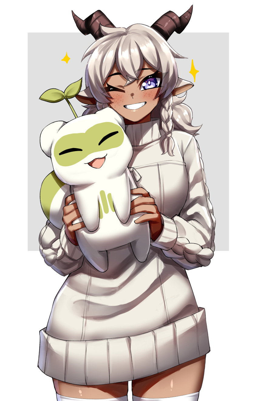 1girl, absurdres, animal_ears, blush, borrowed_character, braid, dark-skinned_female, dark_skin