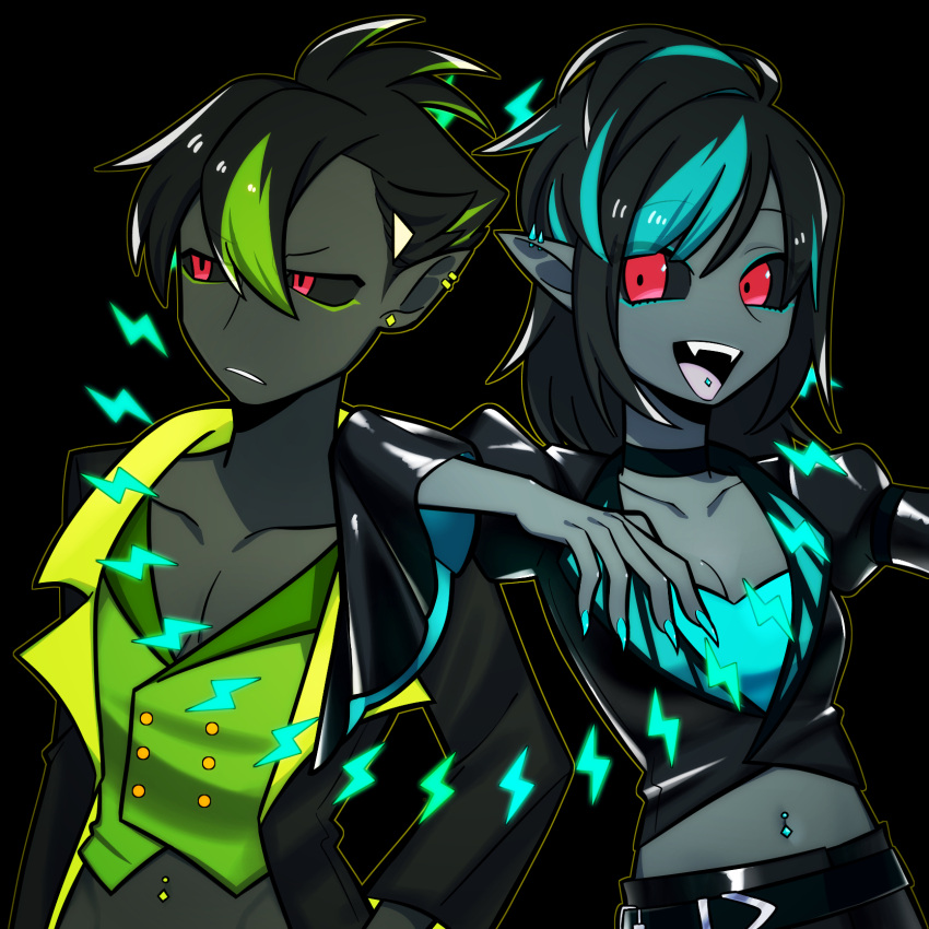 1boy, 1girl, arm_on_another's_shoulder, astalos, belt, black_background, black_belt, black_coat