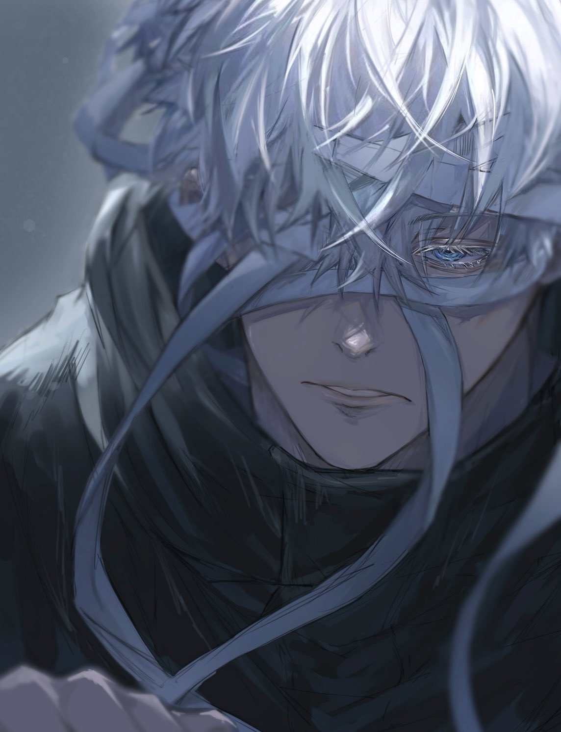1boy, bandage_over_one_eye, black_jacket, blue_eyes, gojou_satoru, grey_background, hand_up, highres
