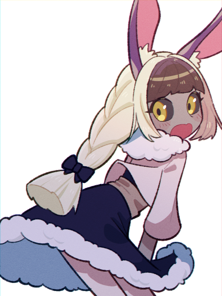 1girl, animal_ears, black_bow, black_dress, black_sclera, blonde_hair, blush, bow