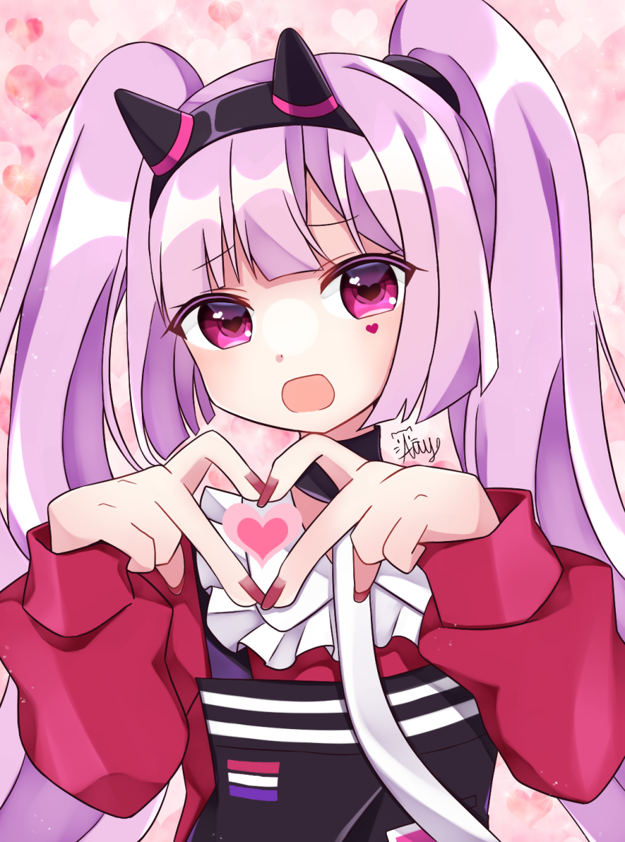1girl, blush, character_request, chunithm, collar, facial_mark, fake_horns, frilled_shirt_collar