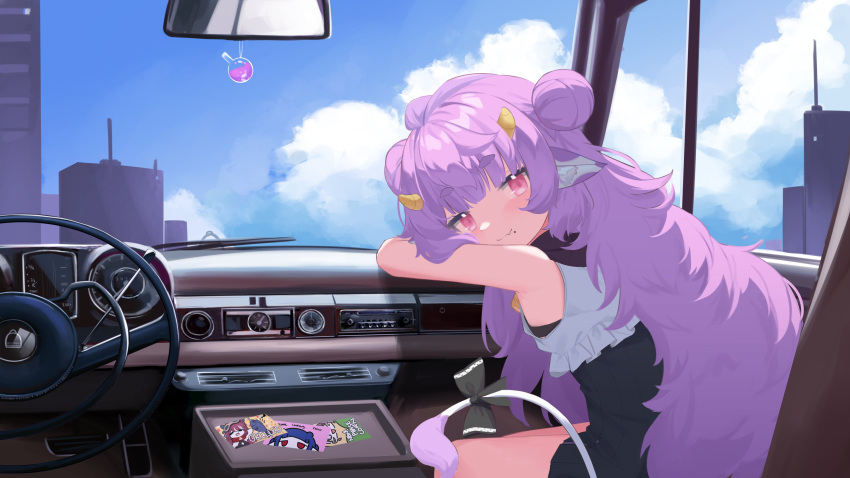1girl, absurdres, animal_ear_fluff, animal_ears, black_bow, black_dress, blonde_hair, blue_hair