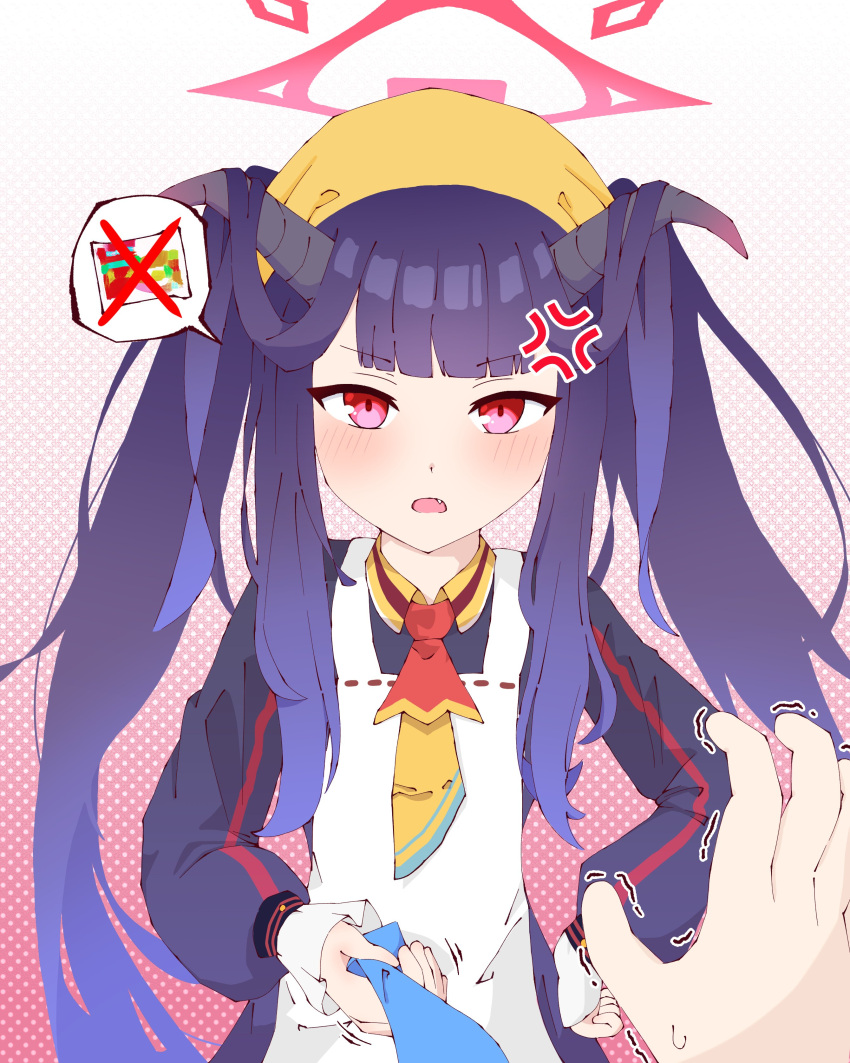 1boy, 1girl, absurdres, anger_vein, angry, apron, black_hair, black_serafuku