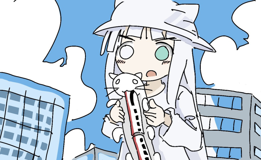 1girl, blue_sky, bright_pupils, building, cat, cat_helmet, dress, green_pupils
