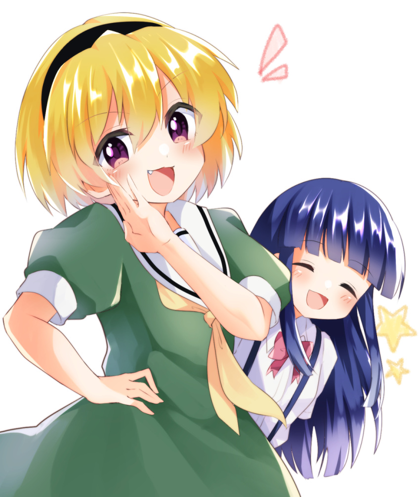 2girls, :3, blonde_hair, blue_hair, blunt_bangs, blush, bow, bowtie