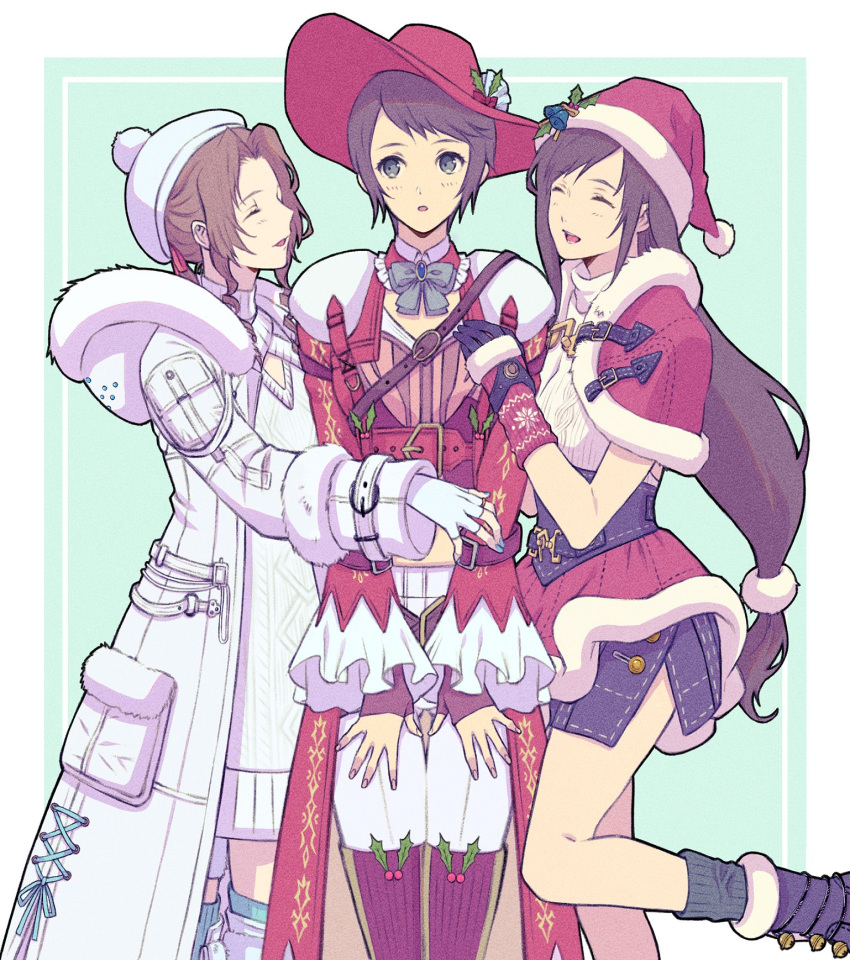 3girls, aerith_gainsborough, aerith_gainsborough_(fairy_of_snowfall), black_hair, brown_hair, capelet, christmas, closed_eyes