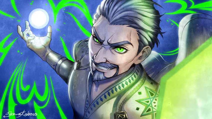 1boy, animification, artist_name, asymmetrical_eyes, beard, blue_background, cape, evil_grin