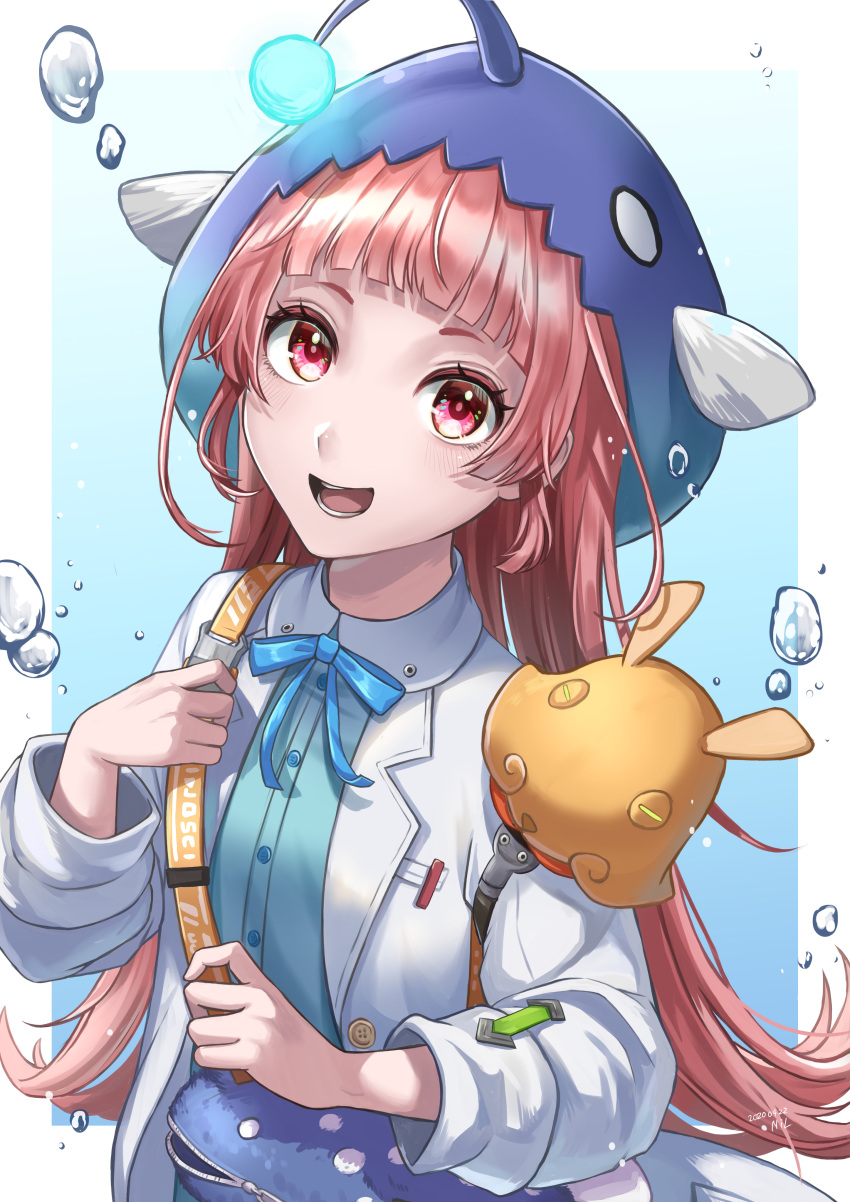 1girl, absurdres, air_bubble, anglerfish_costume, animal, animal_bag, animal_hat, bag