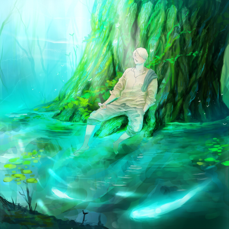 1boy, blonde_hair, cigarette, clothes_on_shoulders, day, full_body, ginko, green_theme
