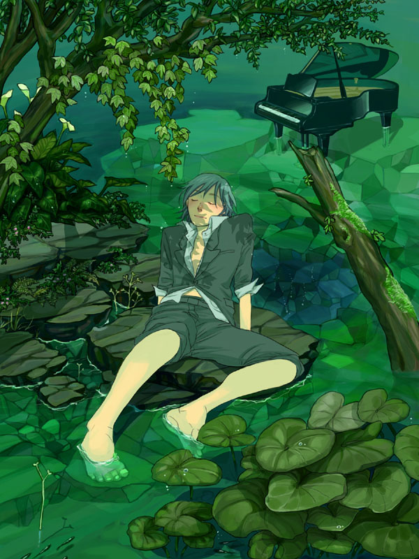 1boy, character_request, closed_eyes, full_body, grand_piano, green_theme, instrument, male_focus