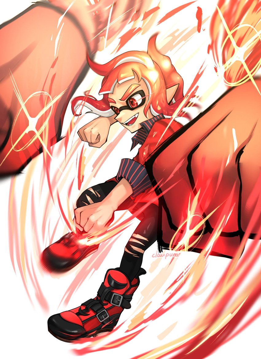 1boy, absurdres, aura, belt_buckle, black_pants, buckle, clenched_hands, commentary_request, full_body, glint, highres, inkling, inkling_boy, norishiitsu, open_mouth, pants, pointy_ears, red_eyes, red_footwear, redhead, short_hair, smile, solo, splatoon_(series), splatoon_3, teeth, torn_clothes, torn_pants, triple_splashdown_(splatoon), white_background