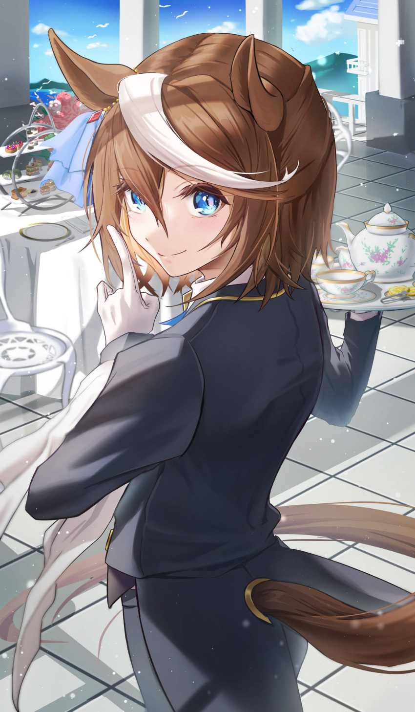 absurdres, animal_ears, black_jacket, black_pants, blue_eyes, brown_hair, chair, closed_mouth