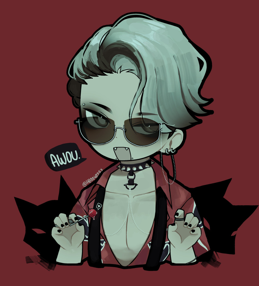 1boy, absurdres, black_choker, black_hair, black_nails, brown-tinted_eyewear, candy, chibi, choker, claw_pose, cropped_torso, ear_piercing, fangs, food, glasses, grey_eyes, hands_up, highres, holding, holding_candy, holding_food, holding_lollipop, lollipop, male_focus, multicolored_hair, nyang, open_clothes, open_shirt, partially_unbuttoned, pavia_(reverse:1999), piercing, red_background, red_skirt, reverse:1999, short_hair, short_sleeves, skin_fangs, skirt, solo, speech_bubble, spiked_choker, spikes, square_mouth, swept_bangs, tinted_eyewear, twitter_username, upper_body, white_hair, wolf
