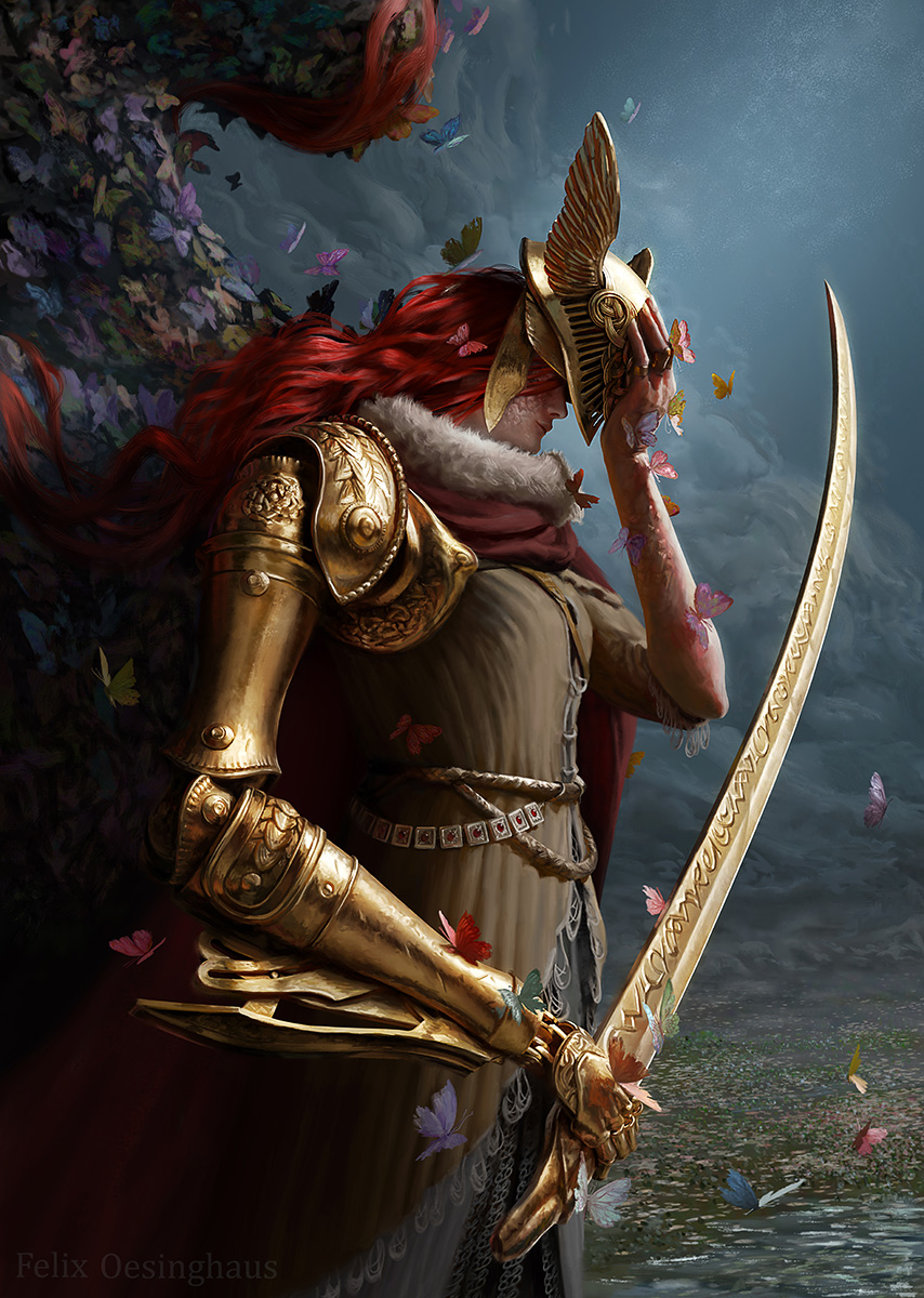 1girl, artist_name, brown_dress, bug, butterfly, closed_mouth, commentary, dress, elden_ring, felixoesinghaus, field, flower, flower_field, gauntlets, helmet, highres, holding, holding_sword, holding_weapon, long_hair, malenia_blade_of_miquella, prosthesis, prosthetic_arm, redhead, removing_headwear, scar, solo, sunlight, sword, tree, visor_(armor), wavy_hair, weapon, winged_helmet