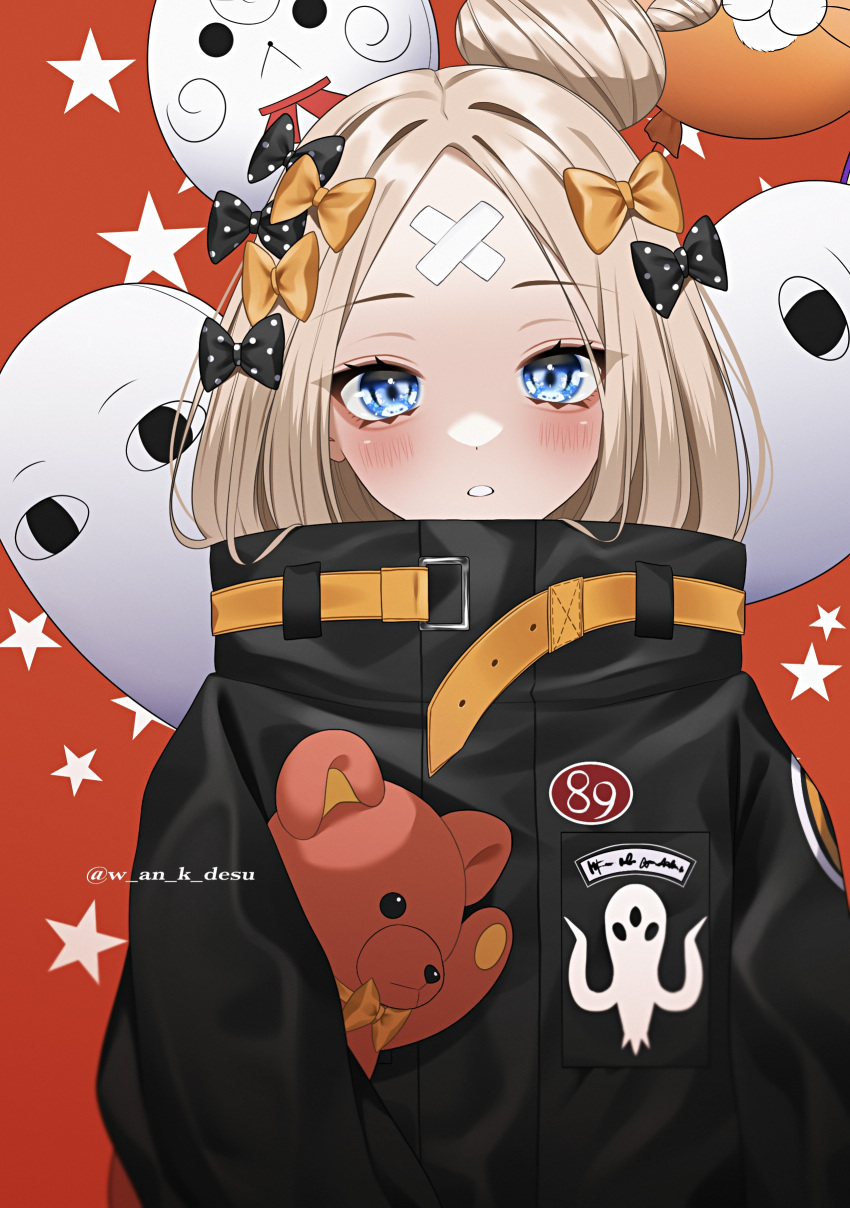 1girl, abigail_williams_(fate), abigail_williams_(traveling_outfit)_(fate), absurdres, blonde_hair, blue_eyes, blush, bow