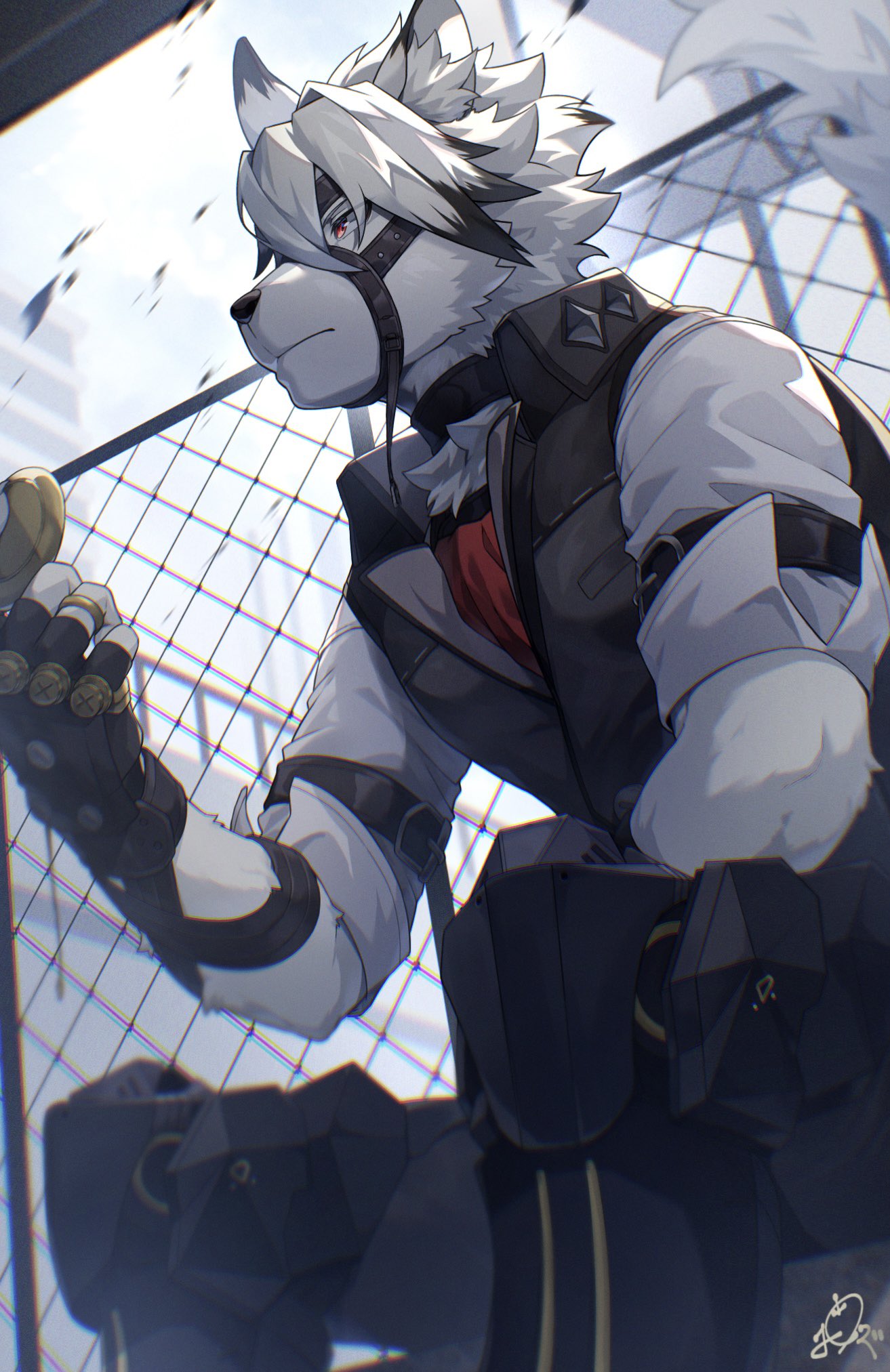 1boy, animal_ears, ascot, black_vest, chain-link_fence, colored_tips, commentary_request, eyepatch