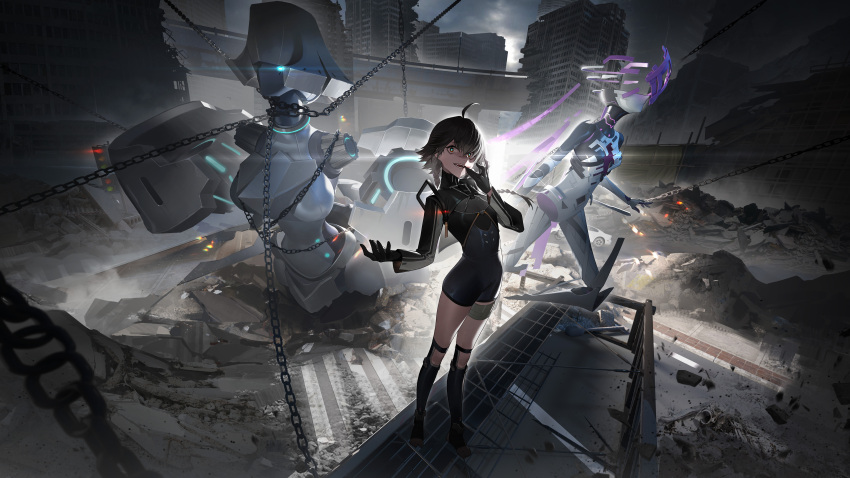 1girl, absurdres, ahoge, black_gloves, black_hair, black_shirt, black_shorts, black_socks