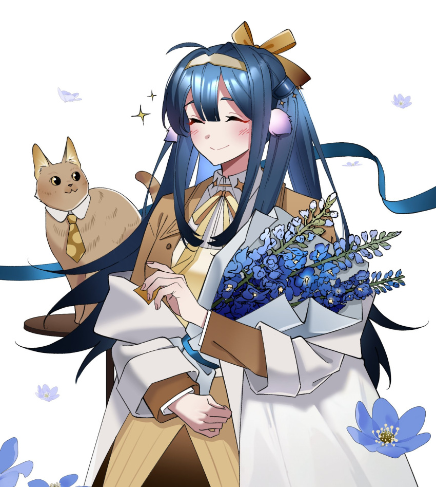 1girl, ^_^, arknights, astgenne_(arknights), astgenne_(her_aspiration)_(arknights), avi_(baltika_seven), blue_flower, blue_hair