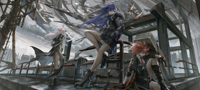 3girls, absurdres, animal_ears, arknights, artist_name, bird_ears, black_footwear, black_gloves