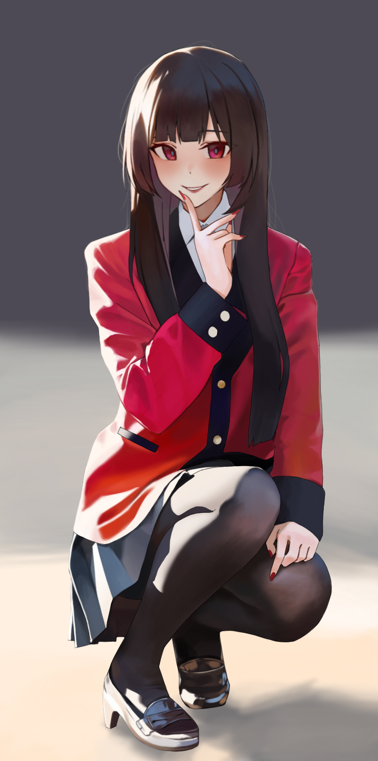1girl, bburi, black_footwear, black_hair, black_skirt, blunt_bangs, blush, collared_shirt, hand_up, high_heels, highres, hime_cut, hyakkaou_academy_school_uniform, index_finger_raised, jabami_yumeko, jacket, kakegurui, long_hair, long_sleeves, looking_at_viewer, miniskirt, red_eyes, red_jacket, red_lips, red_nails, school_uniform, shirt, skirt, smile, solo, squatting, teeth, white_shirt