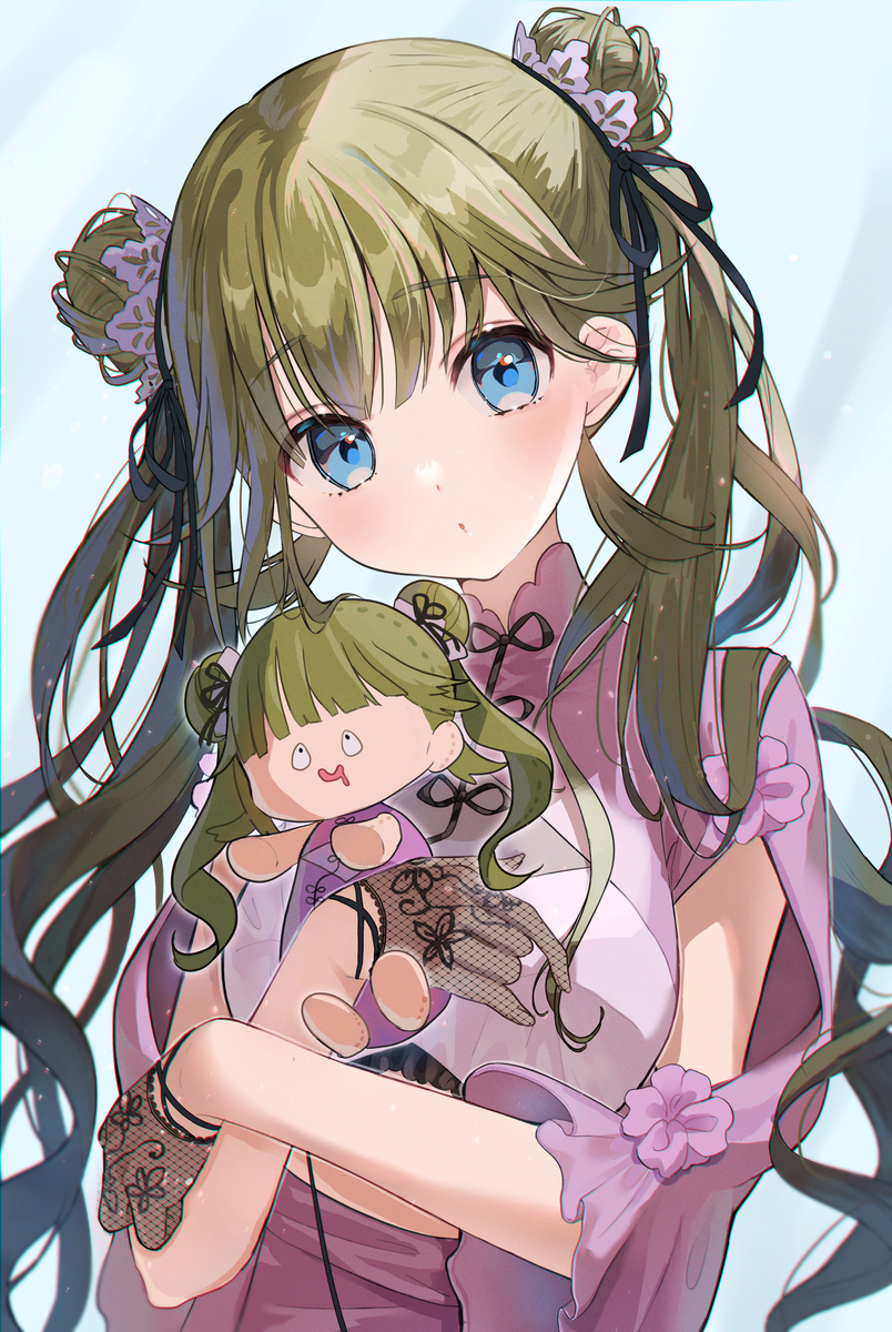 1girl, asymmetrical_bangs, blue_background, blue_eyes, blunt_bangs, bow, breasts, character_doll